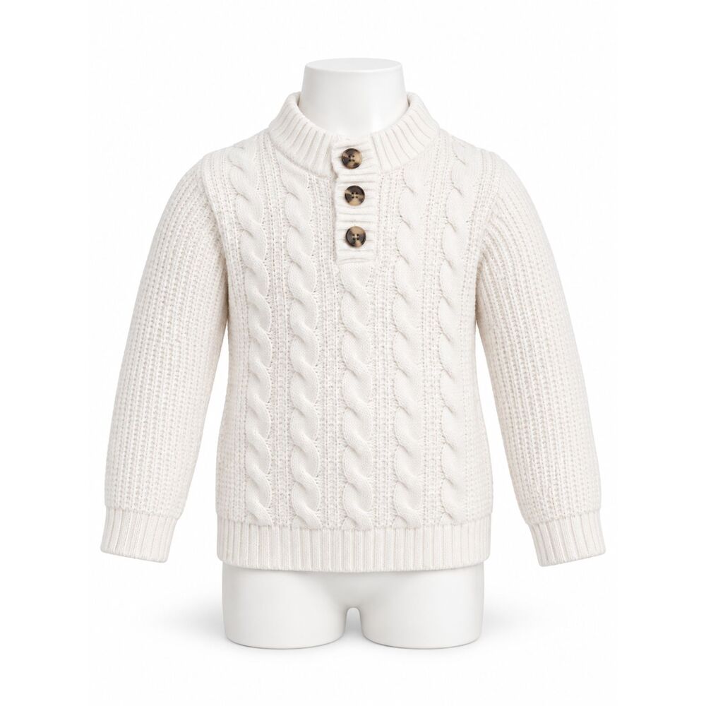 Cat & Jack Toddler 5T White Cable Knit Mock Neck Sweater 3 Button Pullover